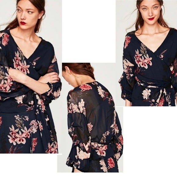 ZARA navy blue pink floral flower chiffon wrap blouse side tie Sz XS - Picture 1 of 11